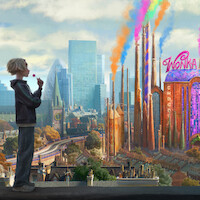 A child stands on a city rooftop overlooking a colorful, whimsical chocolate factory with rainbow smoke, surrounded by modern buildings and a bright sky.