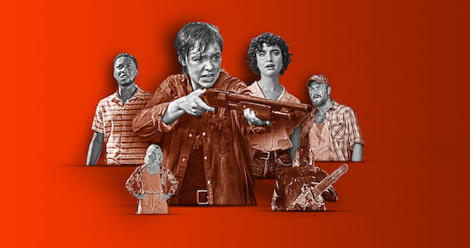 A collage illustration of the main characters of Texas Chainsaw Massacre