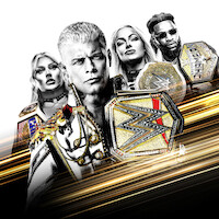 Four wrestlers wearing championship belts pose confidently with intense expressions; gold streaks and a black-and-white background emphasize their prominence and the energy of a wrestling event.