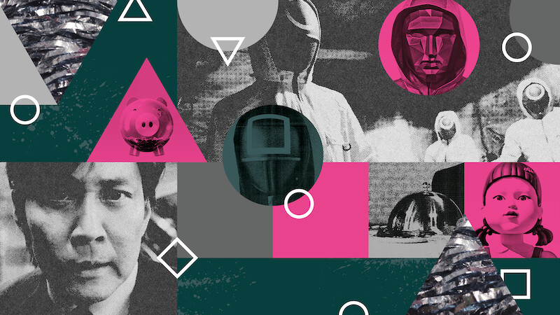 Mixed Media Collage with Seong Gi-hun, Circle and Square guards and the Frontman