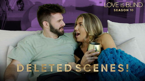 Connor and Bri sit closely on a couch, laughing and talking. Bri holds a drink and a blue blanket is on their laps. The background features text promoting "Love is Blind Season 10 Deleted Scenes."