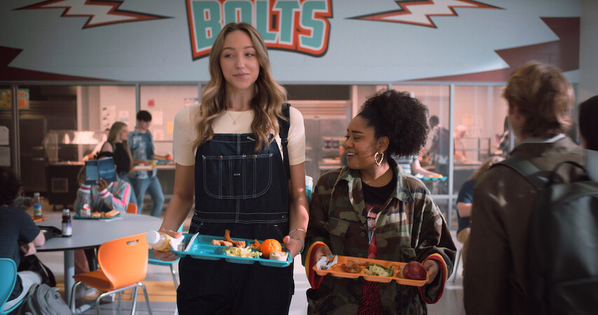 Jodi and Fareeda in the cafeteria getting ready to eat lunch