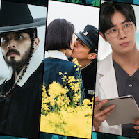 Composição com três imagens de recomendações de filmes e séries coreanos premiados.