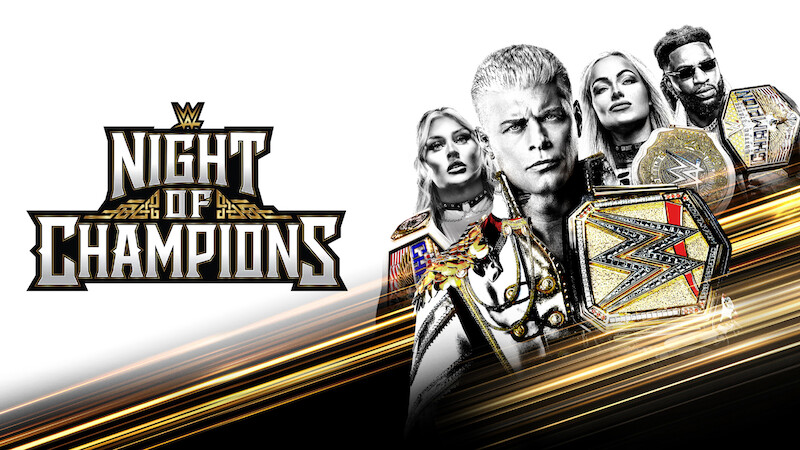WWE Night of Champions promo featuring multiple wrestlers holding championship belts, with dynamic gold streaks and a bold event logo on a white and black background.