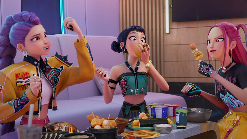 Rumi, Zoey, and Mira feast together in 'KPop Demon Hunters'