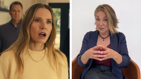 A split image: left side shows a surprised woman in a casual home setting with a man in the background; right side has a confident woman in business attire speaking and gesturing with hands in a minimal, bright office environment. Mood is tense and f