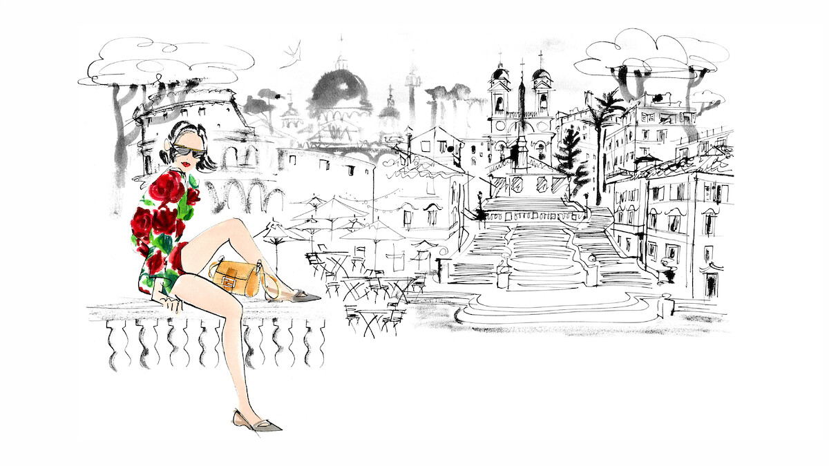 An illustration of Emily Cooper sitting on a carved stone ledge with the streets of Rome behind her, wearing the fabulous floral short and blouse set and fake Fendi Baguette purse that the marketing maven wore to meet the team at Fendi in Season 3 of Emily in Paris.