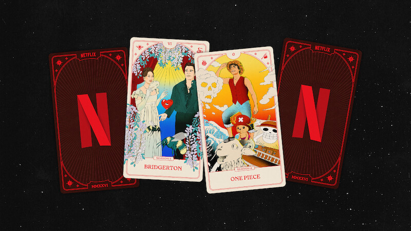 Four playing cards on a black background, two show Netflix logo backs, while two face cards depict illustrated scenes from Bridgerton and One Piece with main characters and vibrant themed backgrounds.