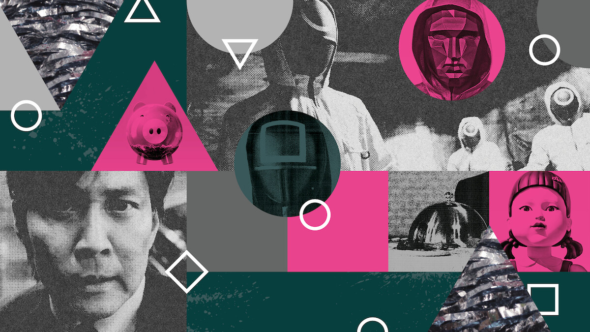 Mixed Media Collage with Seong Gi-hun, Circle and Square guards and the Frontman