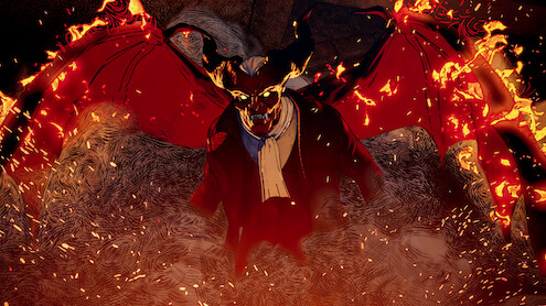 Animated still of a demonic creature spreading its wings in Season 4 of 'Love, Death, + Robots'