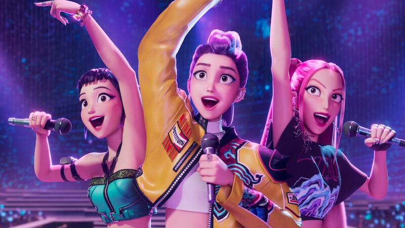 Zoey, Rumi, and Mira sing on stage in 'KPop Demon Hunters'