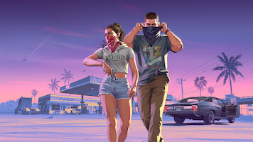 Two people with bandanas preparing for a heist near a gas station at sunset. Palm trees, a parked muscle car, police, and a pink-purple sky create a dramatic, stylized urban scene.