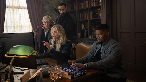 Glenn Close as Ginny, Jamie Demetriou as Nigel, Cameron Diaz as Emily and Jamie Foxx as Matt in 'Back In Action.'