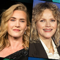 Two women with wavy blonde hair are shown in side-by-side portraits, both smiling slightly. One wears a dark, sparkly outfit and the other a blazer over a blouse. Both are at what appear to be formal events with dark backgrounds.