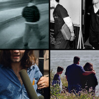 Four-panel collage showing surveillance footage, inmates with clipboard, person holding documents at a press conference, and family overlooking water.
