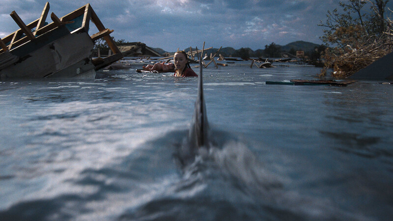 A person swims among floating debris in a flooded area under a cloudy sky, with a large creature's fin breaking through the water and approaching closely in the foreground.