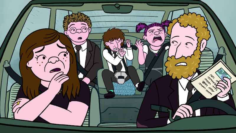 Lisa Edelstein as Naomi Schwartz, Ben Feldman as Avi Schwooper, Max Greenfield as Yoshi Schwooper, Abbi Jacobson as Shira Schwooper and Paul Reiser as Elliot Cooper in 'Long Story Short'