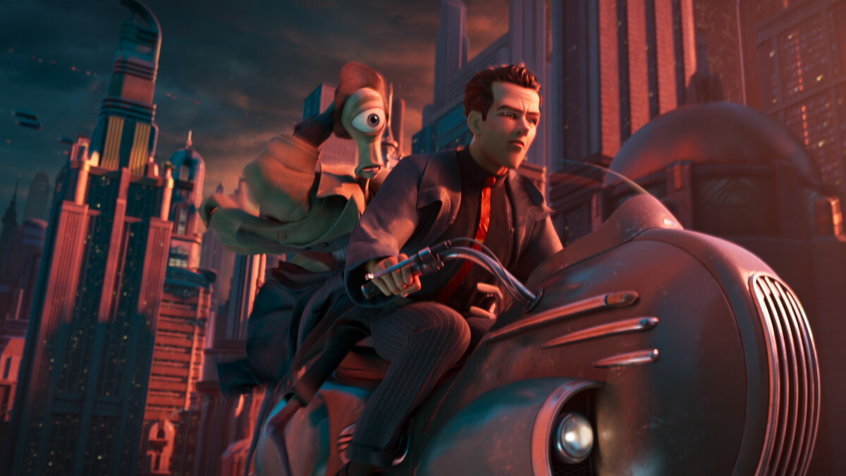 Animated man and alien character riding a futuristic motorcycle through a city with tall skyscrapers at dusk, suggesting a sci-fi adventure or chase scene.