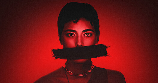 A red hue over a woman with a wide black line painted over her mouth in 'Colors of Evil: Red'