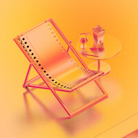 A lounge chair styled like a film strip sits beside a round table holding popcorn, a drink, sunglasses, and a remote control in a vibrant orange and pink environment, evoking a relaxed movie or summer leisure setting.