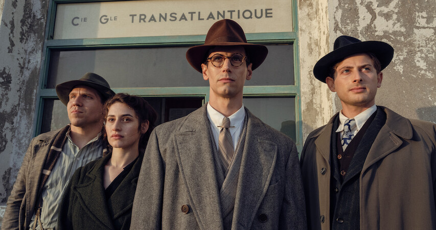 Hanno Koffler as Hans Fittko, Deleila Piasko as Lisa Fittko, Cory Michael Smith as Varian Fry and Amit Rahav as Thomas Lovegrove in Transatlantic.