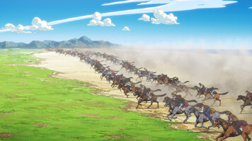 Os competidores na 1.ª etapa da corrida de cavalos STEEL BALL RUN.