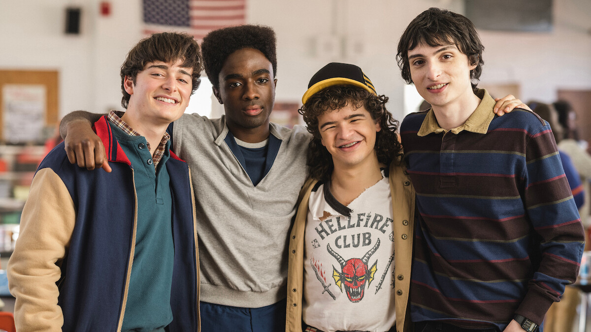 Noah Schnapp, Caleb McLaughlin, Gaten Matarazzo, and Finn Wolfhard behind the scenes of 'Stranger Things 5'