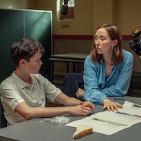 Owen Cooper as Jamie Miller, Erin Doherty as Briony Ariston, on the set of 'Adolescence'