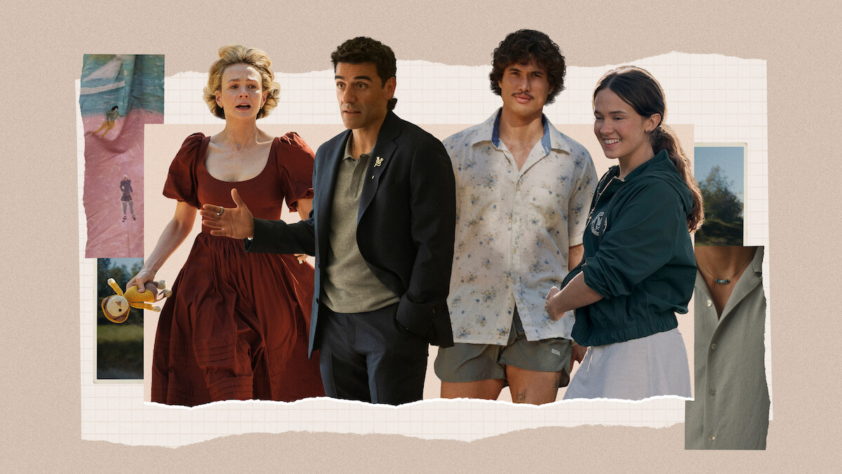 Four people in different outfits stand side by side in a collage with torn paper edges, pastel backgrounds, and close-up photo elements behind them, suggesting a creative or artistic setting.