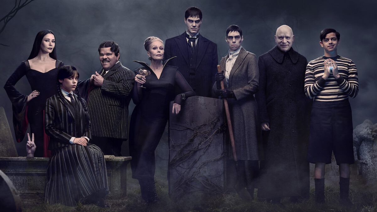 The Addams Family poses for a family portrait in 'Wednesday' Season 2