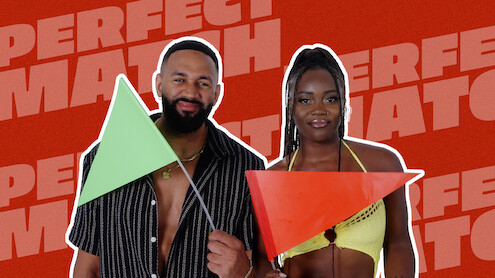 Ollie and AD holding a green and red flag in front of a red background, with the text 'Perfect Match.'