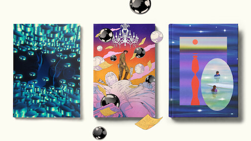Three colorful hardcover books with abstract, surreal covers are displayed upright side by side against a light background. Each cover features imaginative artwork with vibrant colors, floating spheres, and dreamlike environments.