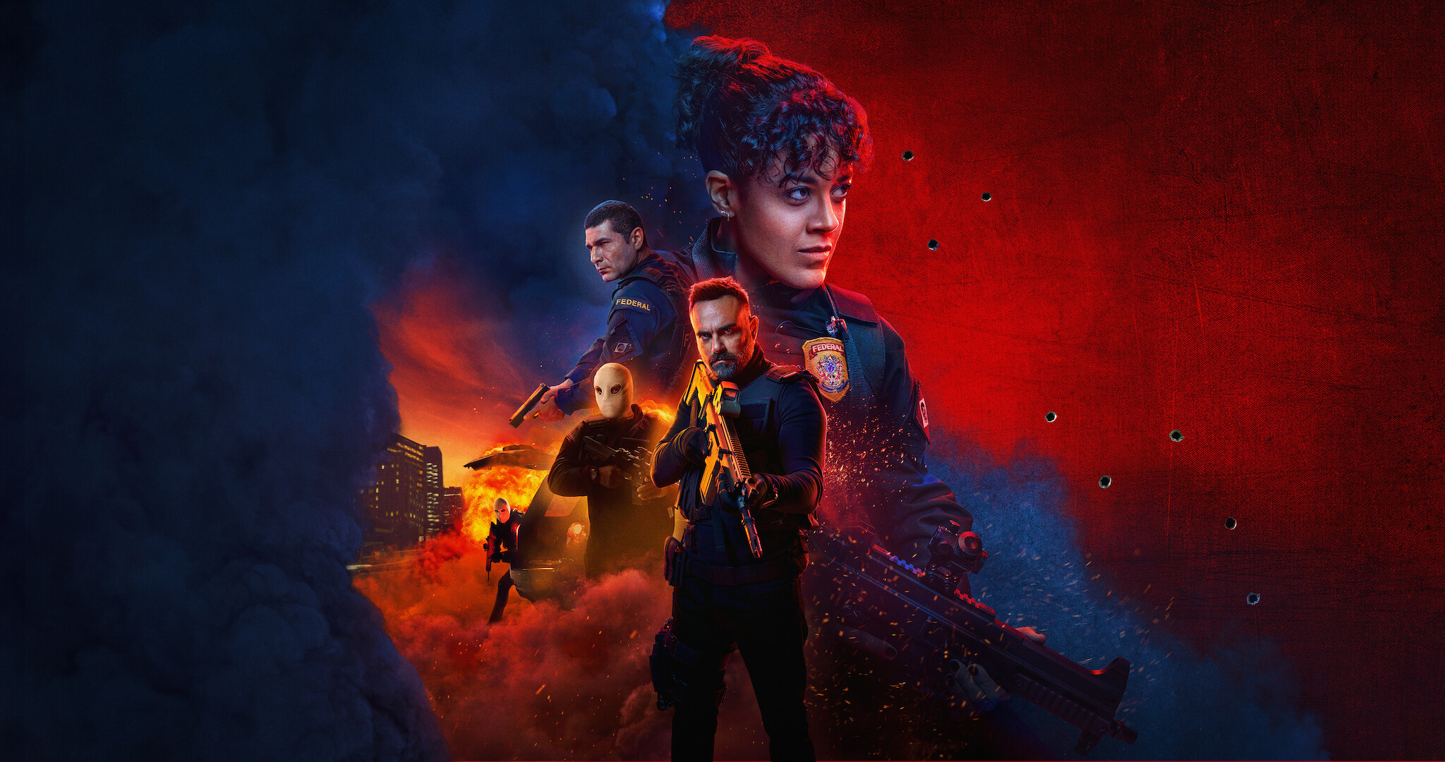 Key art para 'DNA do Crime' mostra três policiais no centro de uma montagem nas cores azul e vermelho