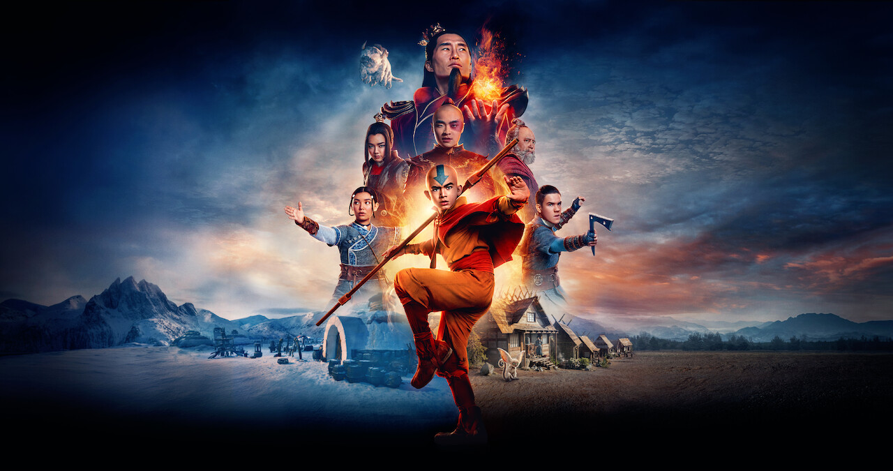 Group of characters in dynamic poses with elemental powers, dressed in colorful costumes, set against a dramatic landscape featuring snowy mountains, a village, and a fiery sky, evoking an epic adventure atmosphere