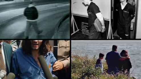 Four-panel collage showing surveillance footage, inmates with clipboard, person holding documents at a press conference, and family overlooking water.