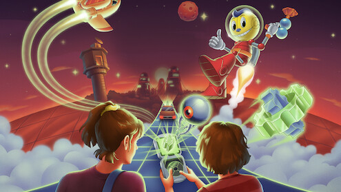 Two kids hold a handheld console as a futuristic world emerges from it. A robot hero, Kid Cosmo, flies with a jetpack, surrounded by a glowing grid, floating gears, and alien technology in space.