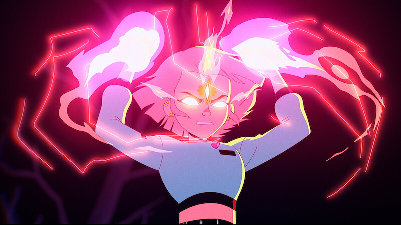 Jentry Chau raises her glowing pink fists with her eyes glowing white in 'Jentry Chau vs. the Underworld'