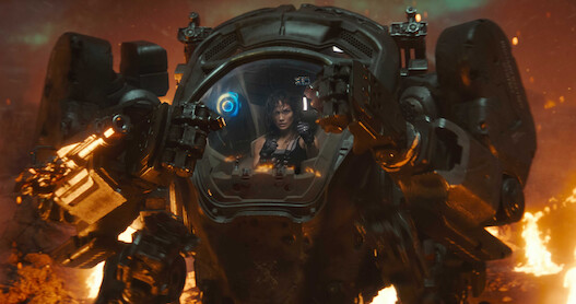 Jennifer Lopez as Atlas Shepherd controls an ARC mech in 'Atlas.'
