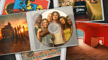 A group of six smiling friends pose together for a photo inside a CD case, surrounded by colorful album covers and vintage photos in a collage layout.