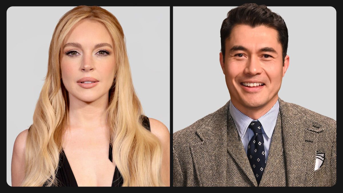Imagens de Lindsay Lohan e Henry Golding juntos em uma montagem
