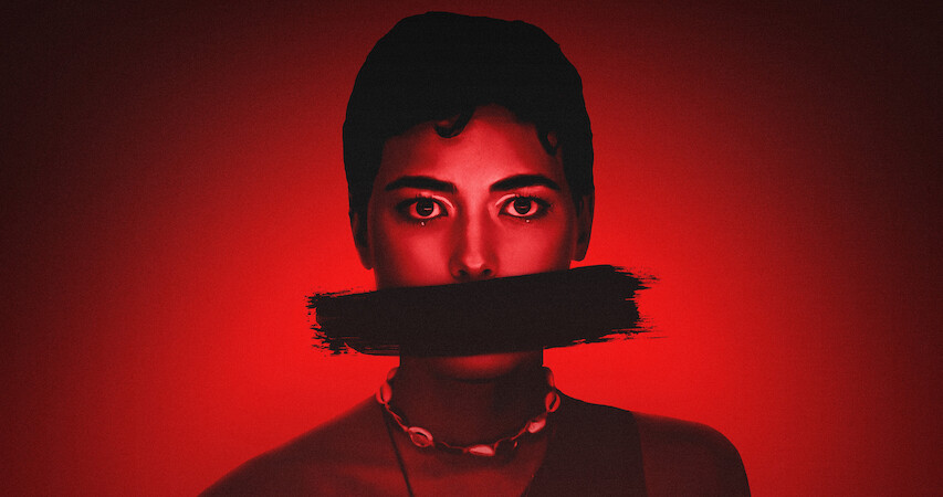 A red hue over a woman with a wide black line painted over her mouth in 'Colors of Evil: Red'