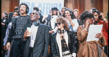 Various artists recording "We Are the World" from a scene in 'The Greatest Night in Pop'.