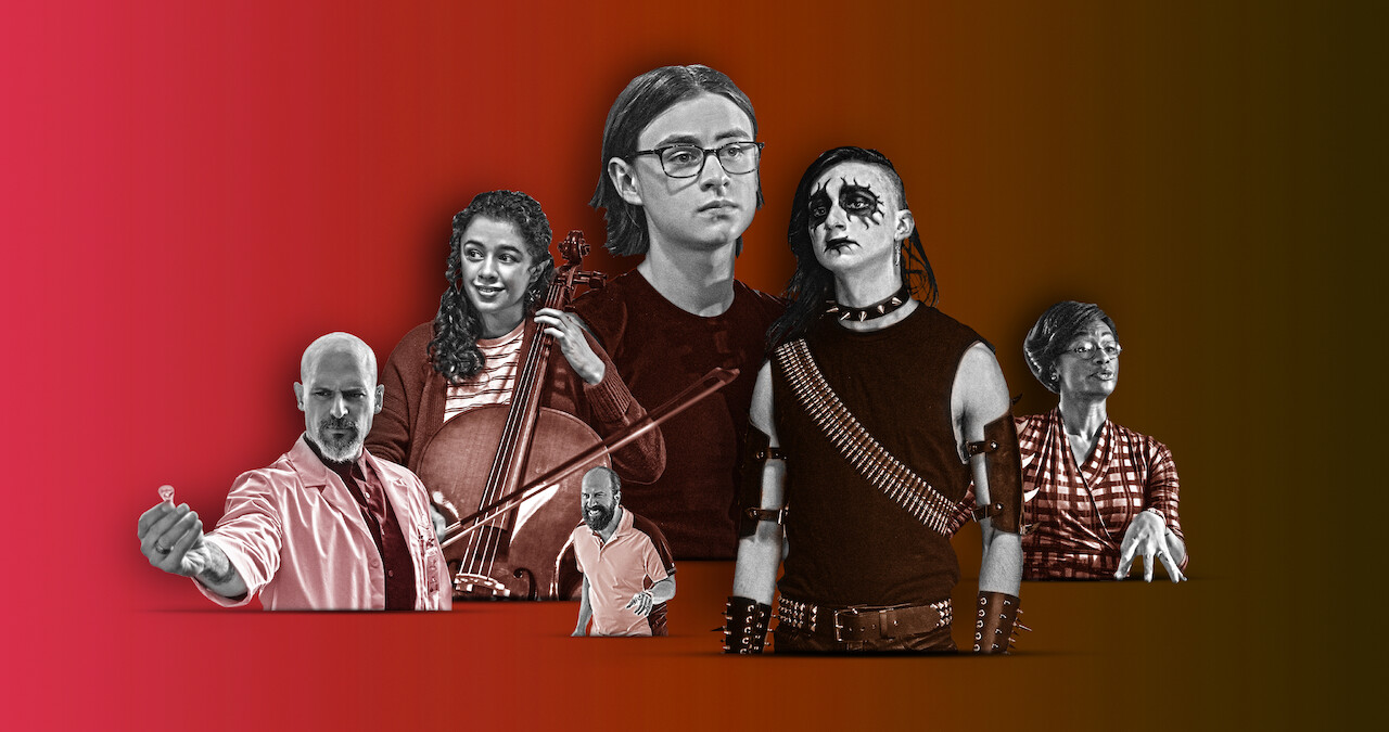 An illustration collage of all the actors in 'Metal Lords'