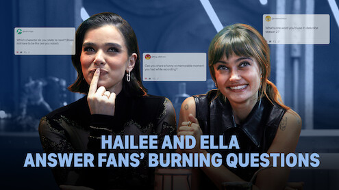 Haille Steinfeld and Ella Purnell with "Hailee and Ella Answer Fans' Burning Questions" title