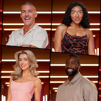 Four people posing in a split image: two men and two women, all smiling, against a modern indoor background with warm lighting and horizontal light bars.