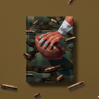 A hand gripping a football on a camouflage-covered book, surrounded by scattered bullet casings on a brown background, blending themes of sports and military.