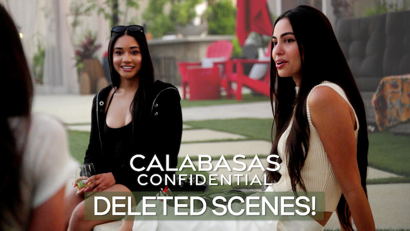 two women sitting at the edge of the pool looking like they are sharing secrets, "Calabasas Confidential" Deleted Scenes written in text