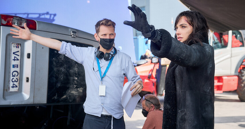 Director Tom Harper and Gal Gadot as Rachel Stone on the set of 'Heart Of Stone'.