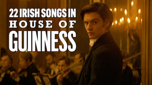 Louis Partridge in front of an orchestra with the title of that reads 22 Irish Songs In House of Guinness