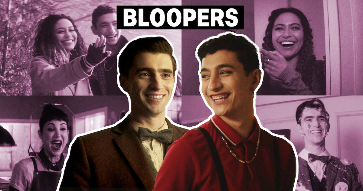 George Rexstrew (Edwin) and Jayden Revri (Charles) smiling in front of a light purple quadrant background with stills of Kassius Nelson (Crystal) and Briana Cuoco (Jenny Green).